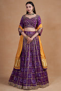 Purple Gharchola Lehenga With Yellow Contrast Dupatta