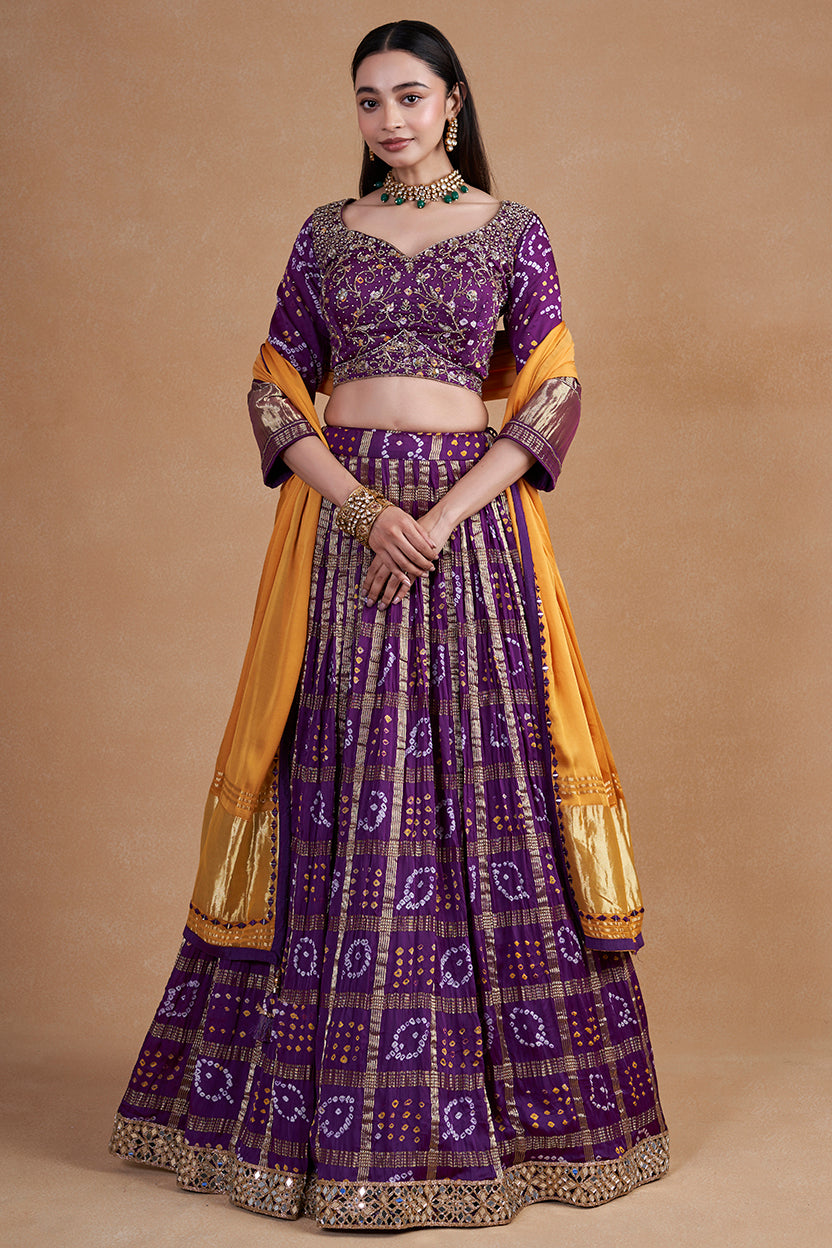 Purple Gharchola Lehenga With Yellow Contrast Dupatta
