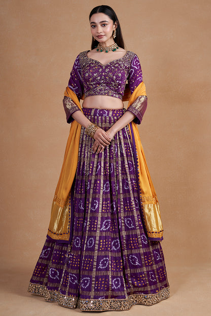 Purple Gharchola Lehenga With Yellow Contrast Dupatta