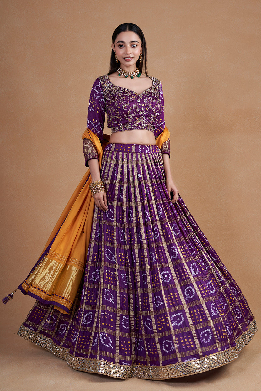 Purple Gharchola Lehenga With Yellow Contrast Dupatta