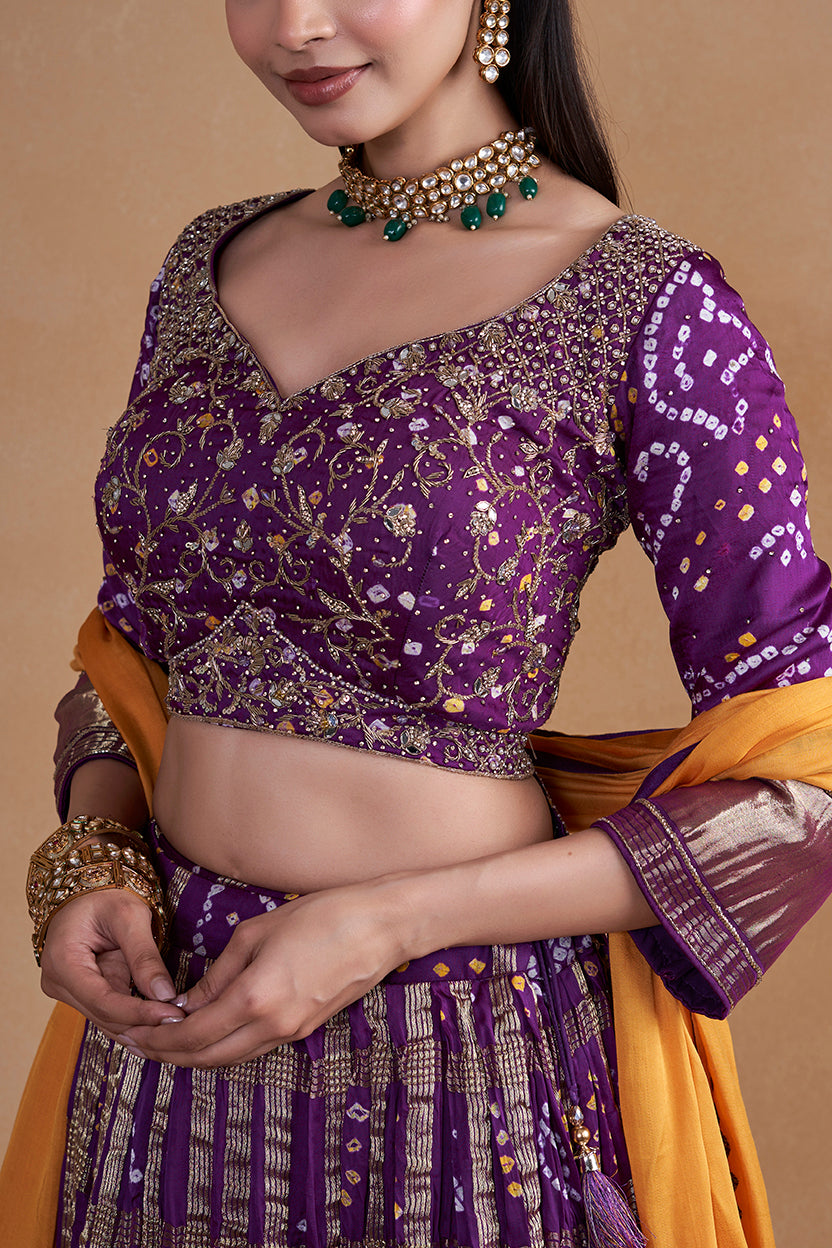 Purple Gharchola Lehenga With Yellow Contrast Dupatta