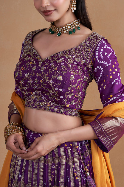 Purple Gharchola Lehenga With Yellow Contrast Dupatta