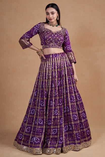 Purple Gharchola Lehenga With Yellow Contrast Dupatta