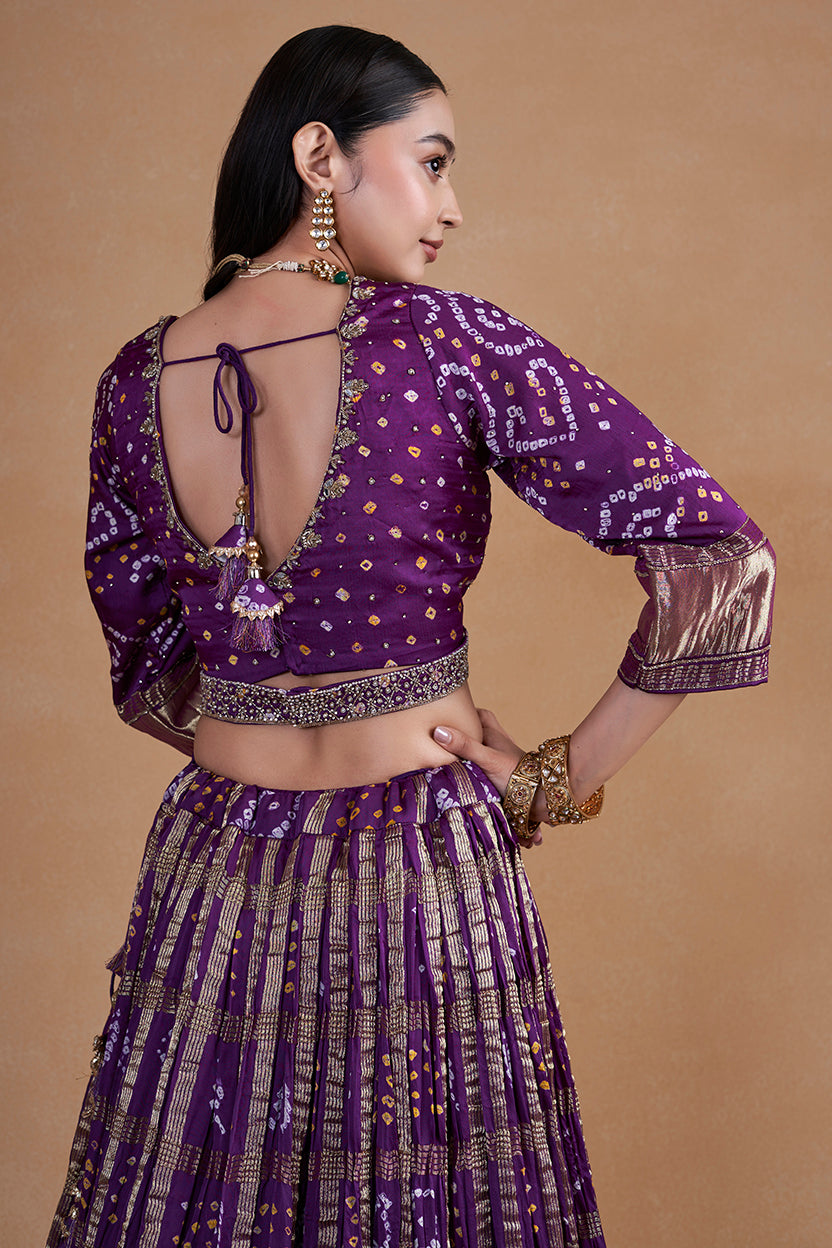 Purple Gharchola Lehenga With Yellow Contrast Dupatta