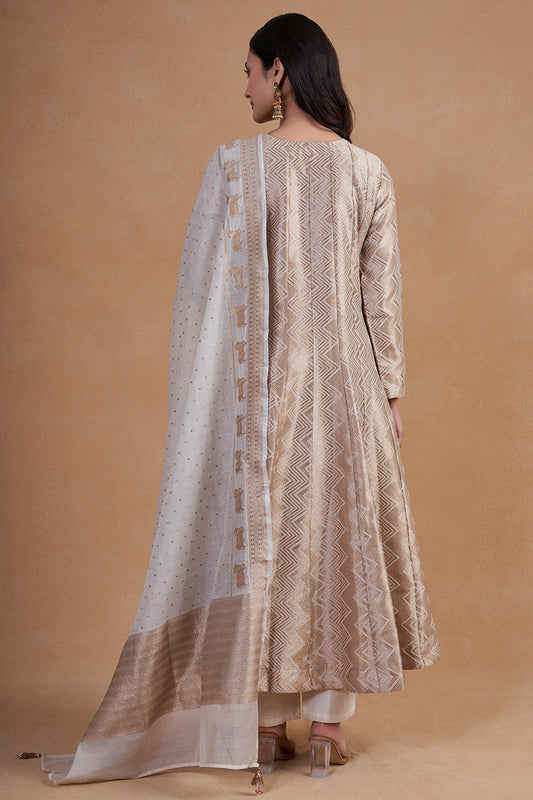 Off White Banarasi Silk Anarkali Suit Set