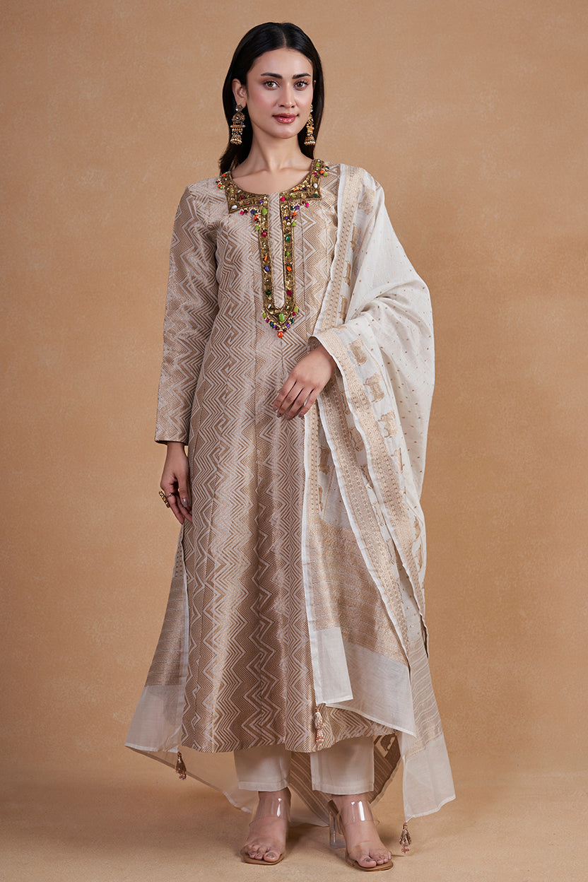 Off White Banarasi Silk Anarkali Suit Set
