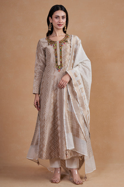 Off White Banarasi Silk Anarkali Suit Set