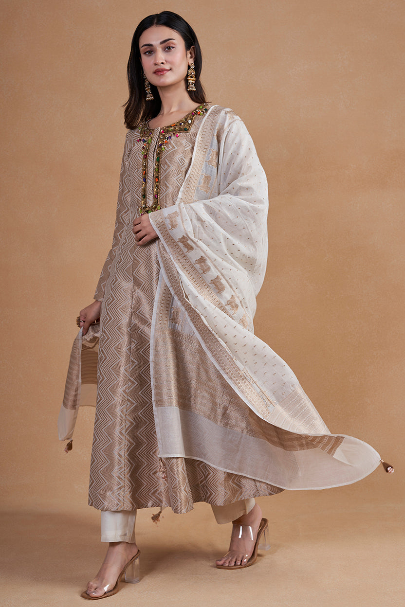 Off White Banarasi Silk Anarkali Suit Set