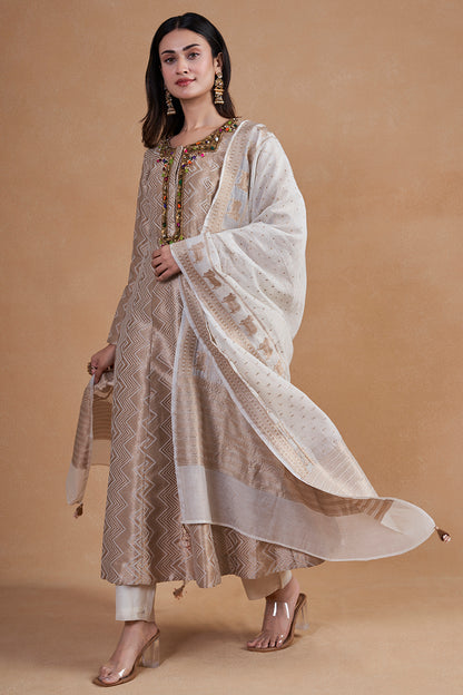 Off White Banarasi Silk Anarkali Suit Set
