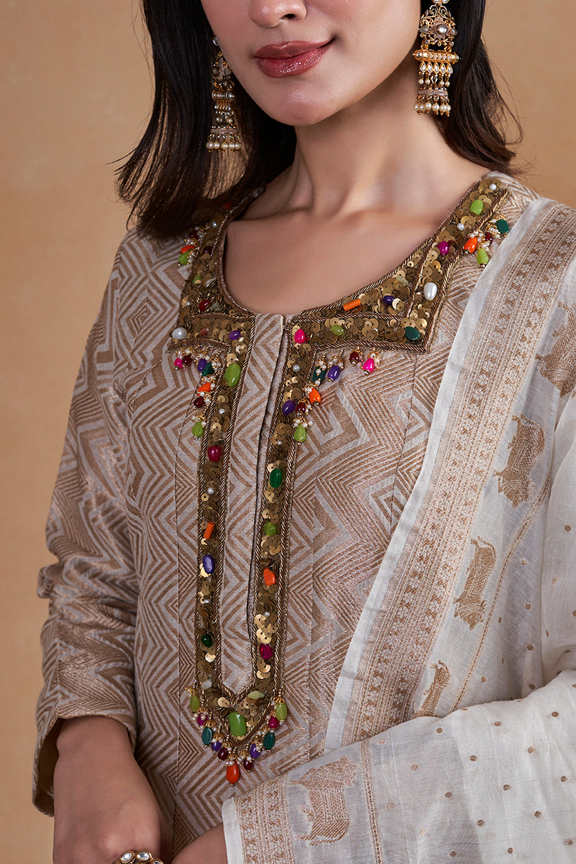 Off White Banarasi Silk Anarkali Suit Set