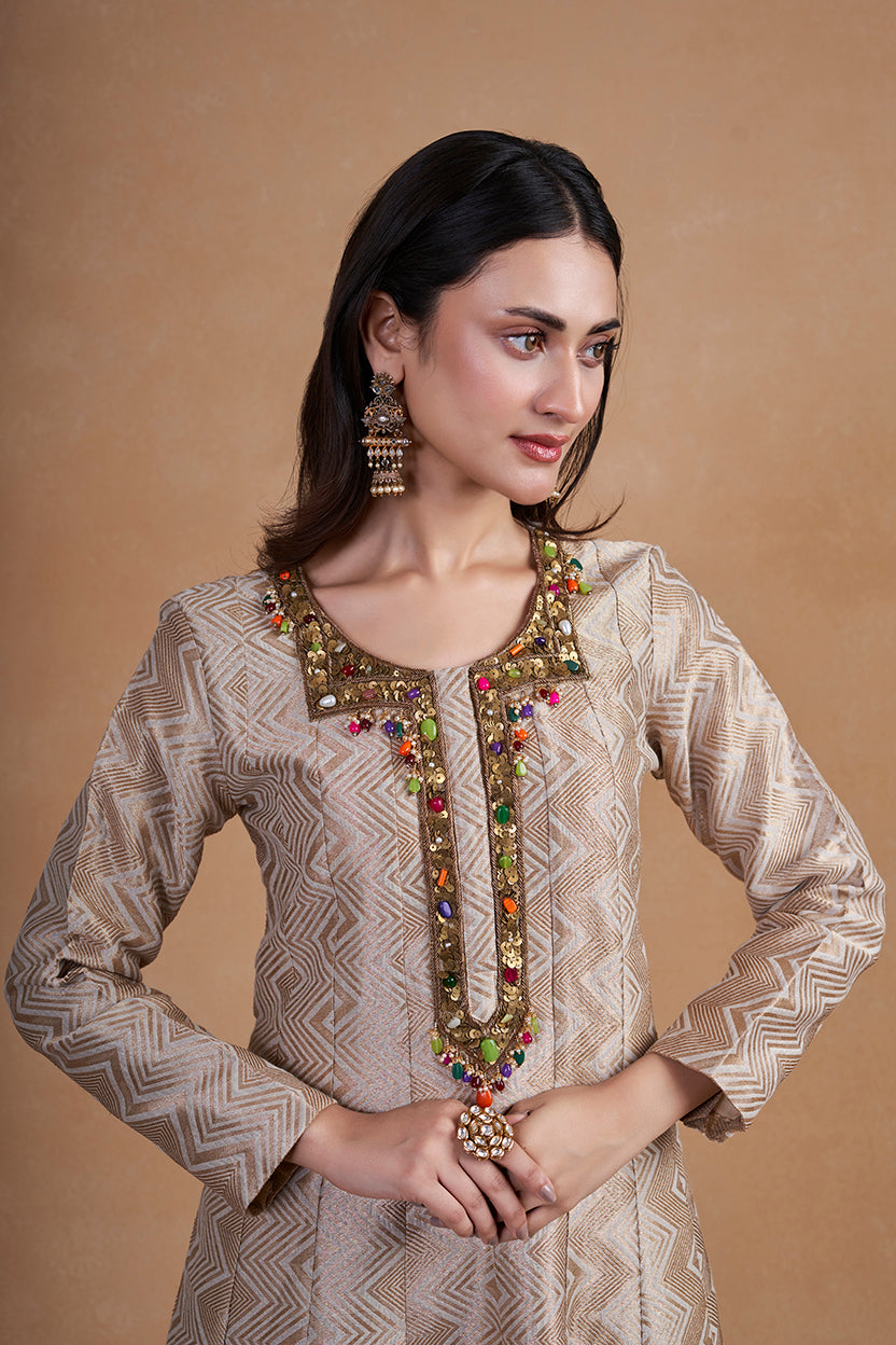 Off White Banarasi Silk Anarkali Suit Set