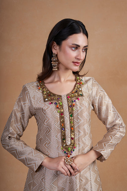 Off White Banarasi Silk Anarkali Suit Set