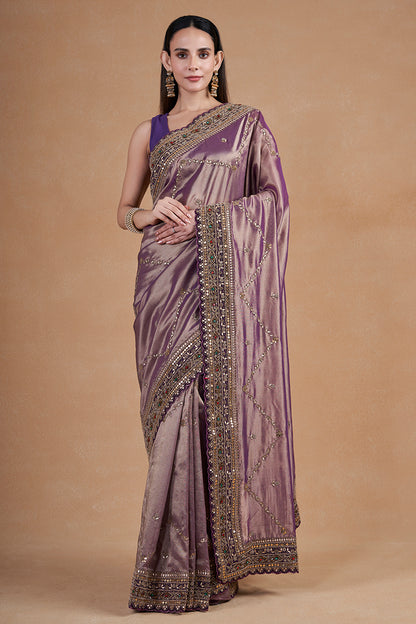 Purple Tissue Saree With Hand Zardosi Work