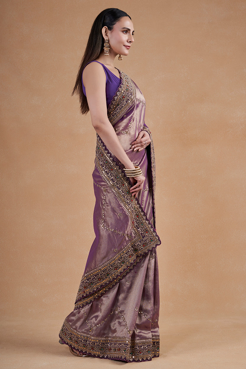 Purple Tissue Saree With Hand Zardosi Work