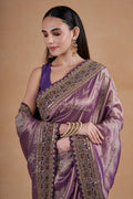 Purple Tissue Saree With Hand Zardosi Work