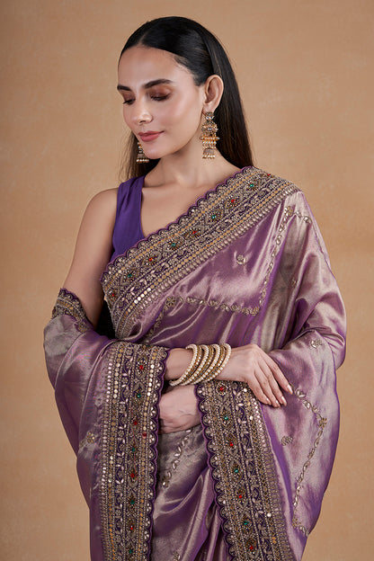 Purple Tissue Saree With Hand Zardosi Work