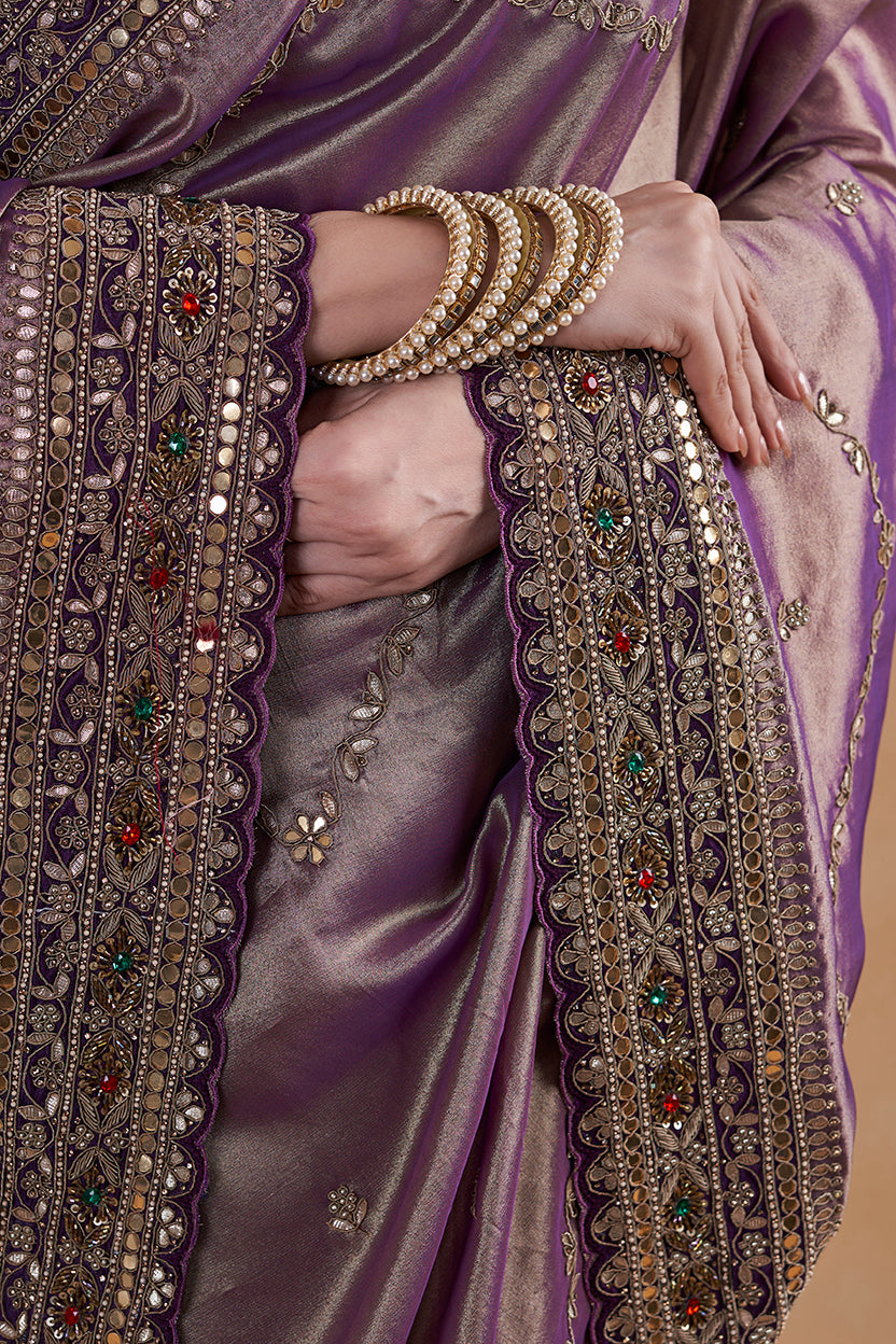 Purple Tissue Saree With Hand Zardosi Work
