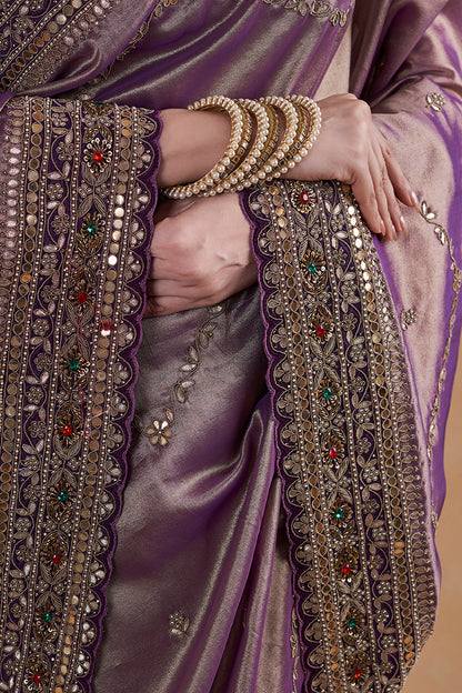 Purple Tissue Saree With Hand Zardosi Work
