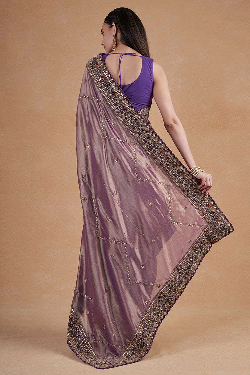 Purple Tissue Saree With Hand Zardosi Work