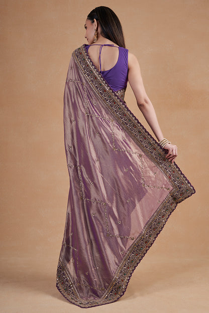 Purple Tissue Saree With Hand Zardosi Work