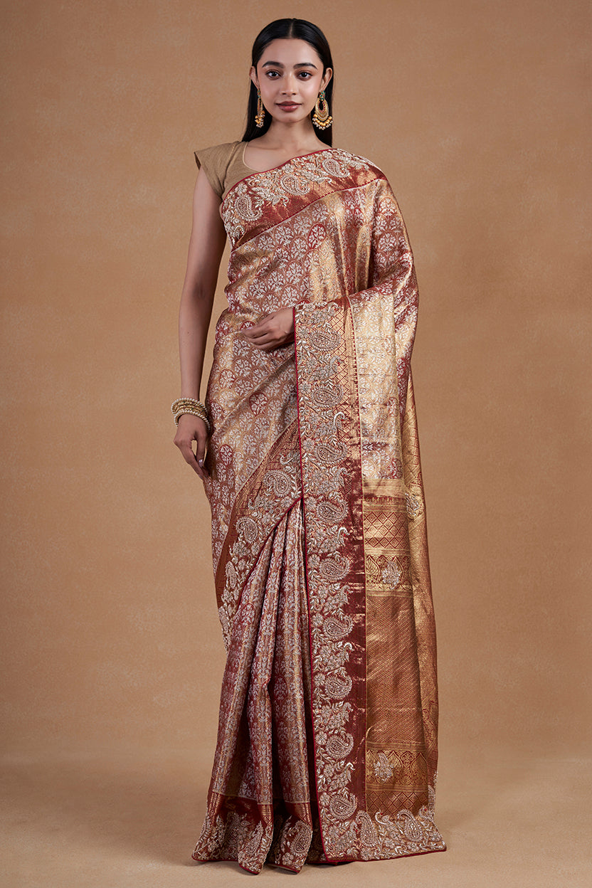 Golden Rani Kanjeevaram Silk Saree With Hand Zardosi Work