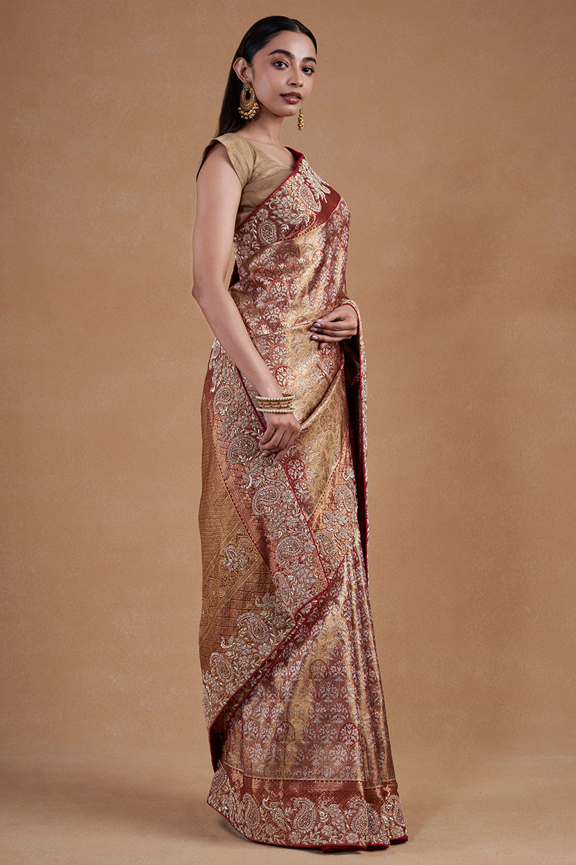 Golden Rani Kanjeevaram Silk Saree With Hand Zardosi Work