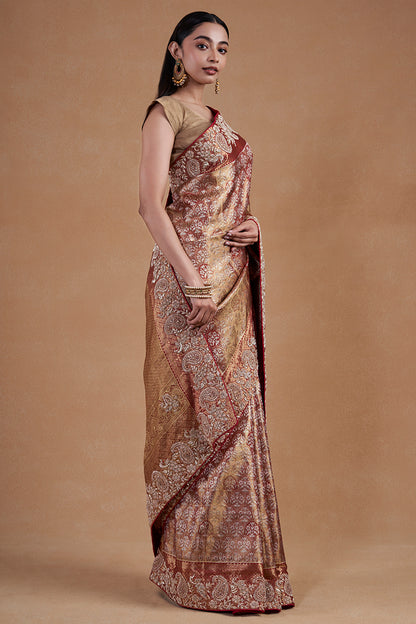 Golden Rani Kanjeevaram Silk Saree With Hand Zardosi Work