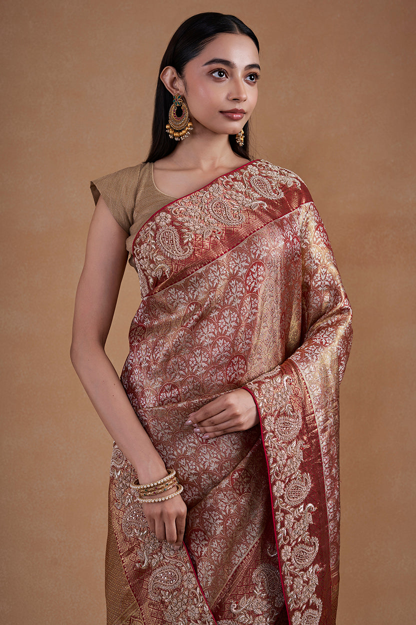 Golden Rani Kanjeevaram Silk Saree With Hand Zardosi Work