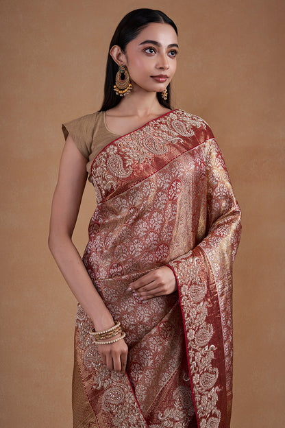 Golden Rani Kanjeevaram Silk Saree With Hand Zardosi Work
