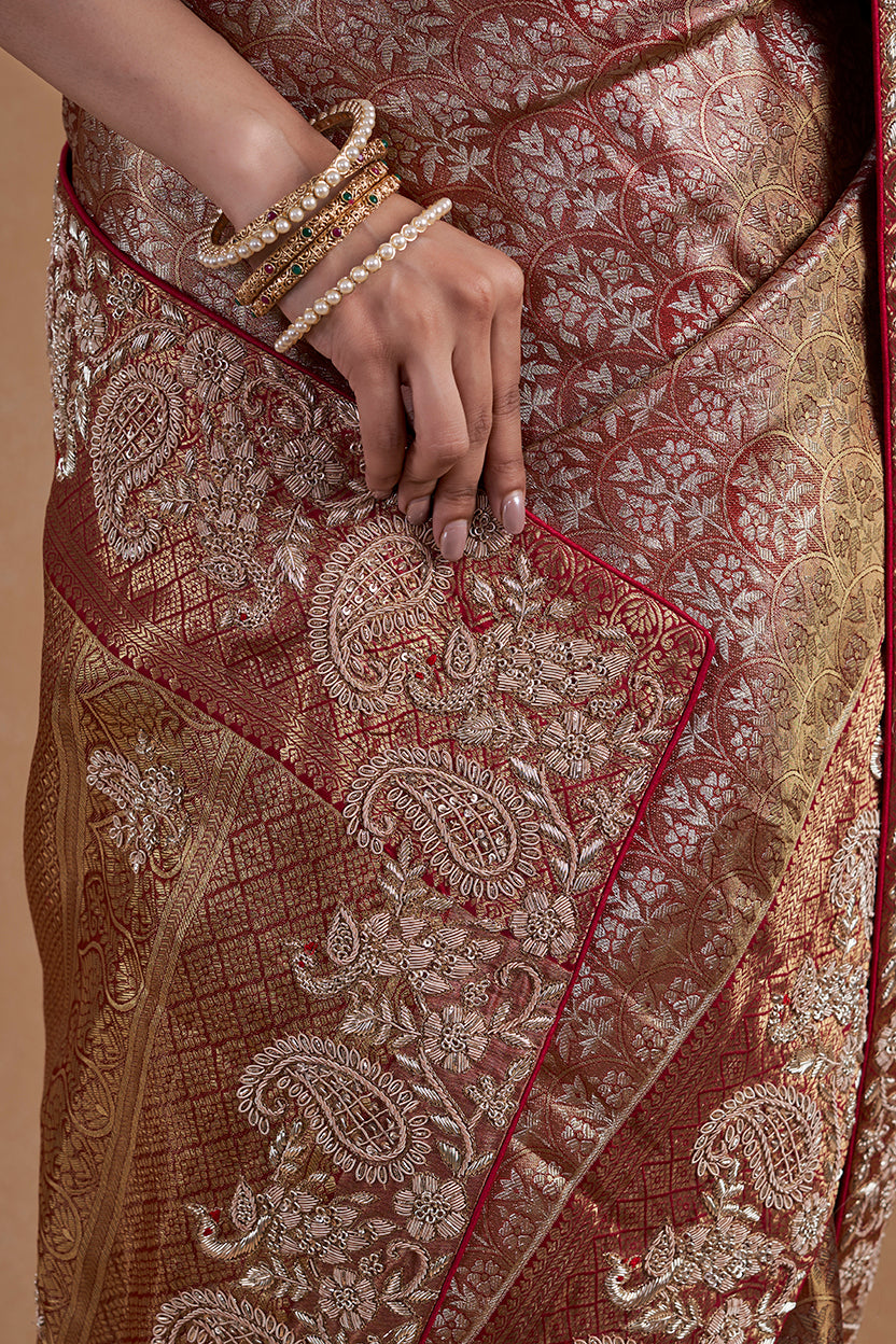 Golden Rani Kanjeevaram Silk Saree With Hand Zardosi Work