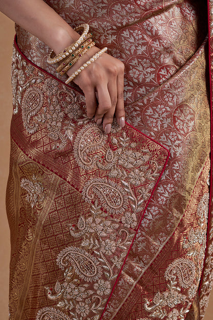 Golden Rani Kanjeevaram Silk Saree With Hand Zardosi Work