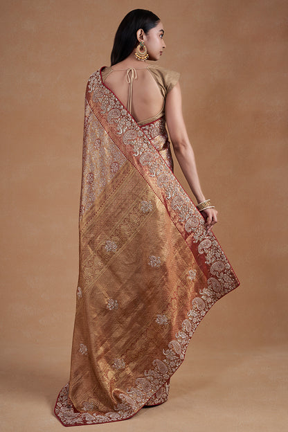 Golden Rani Kanjeevaram Silk Saree With Hand Zardosi Work