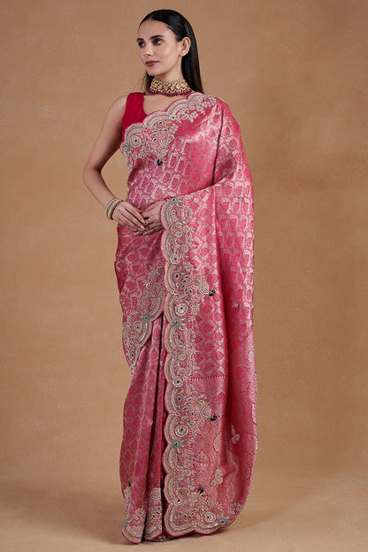 Rani Weaving Silk Saree With Hand Zardosi Work