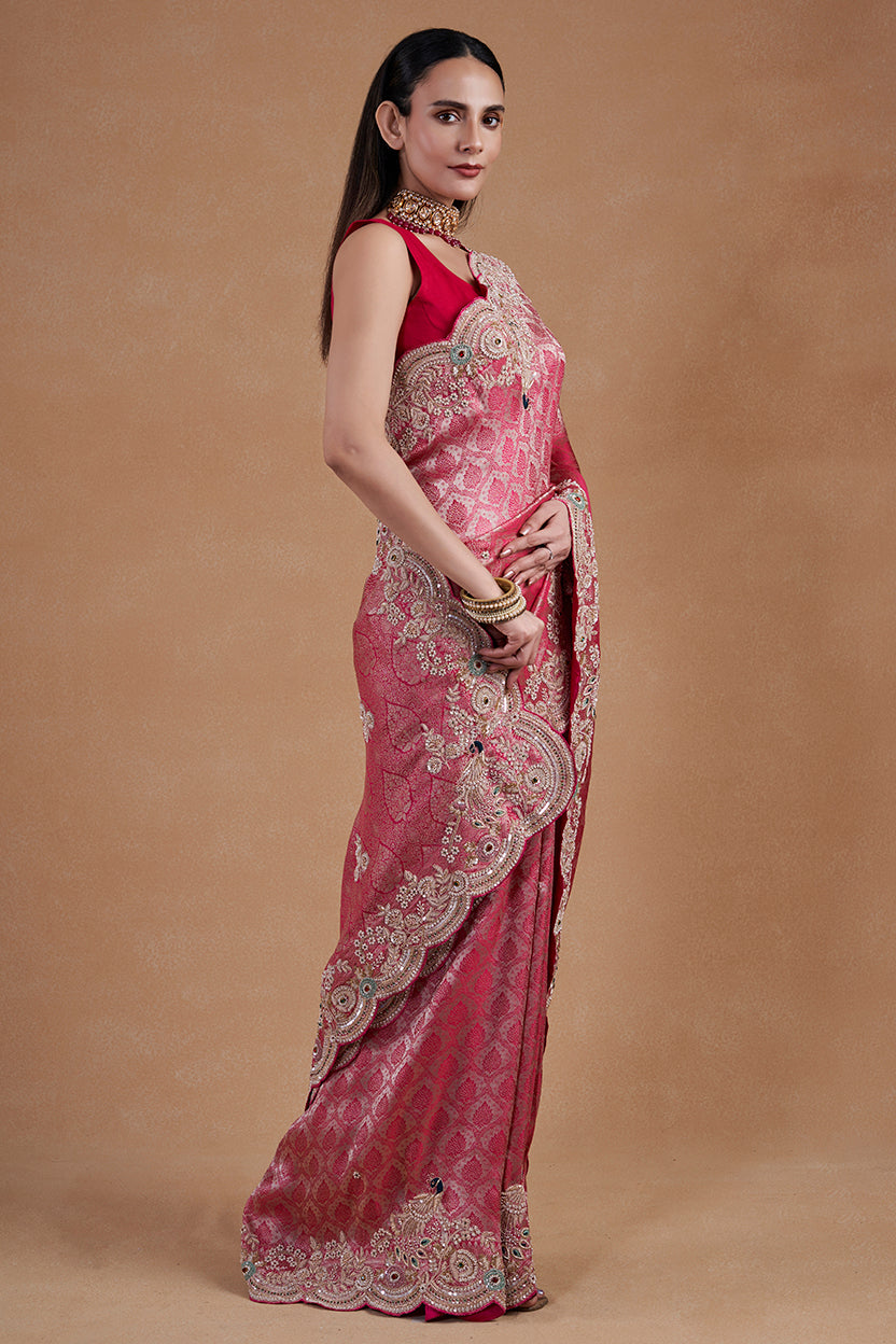 Rani Weaving Silk Saree With Hand Zardosi Work