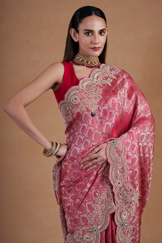 Rani Weaving Silk Saree With Hand Zardosi Work