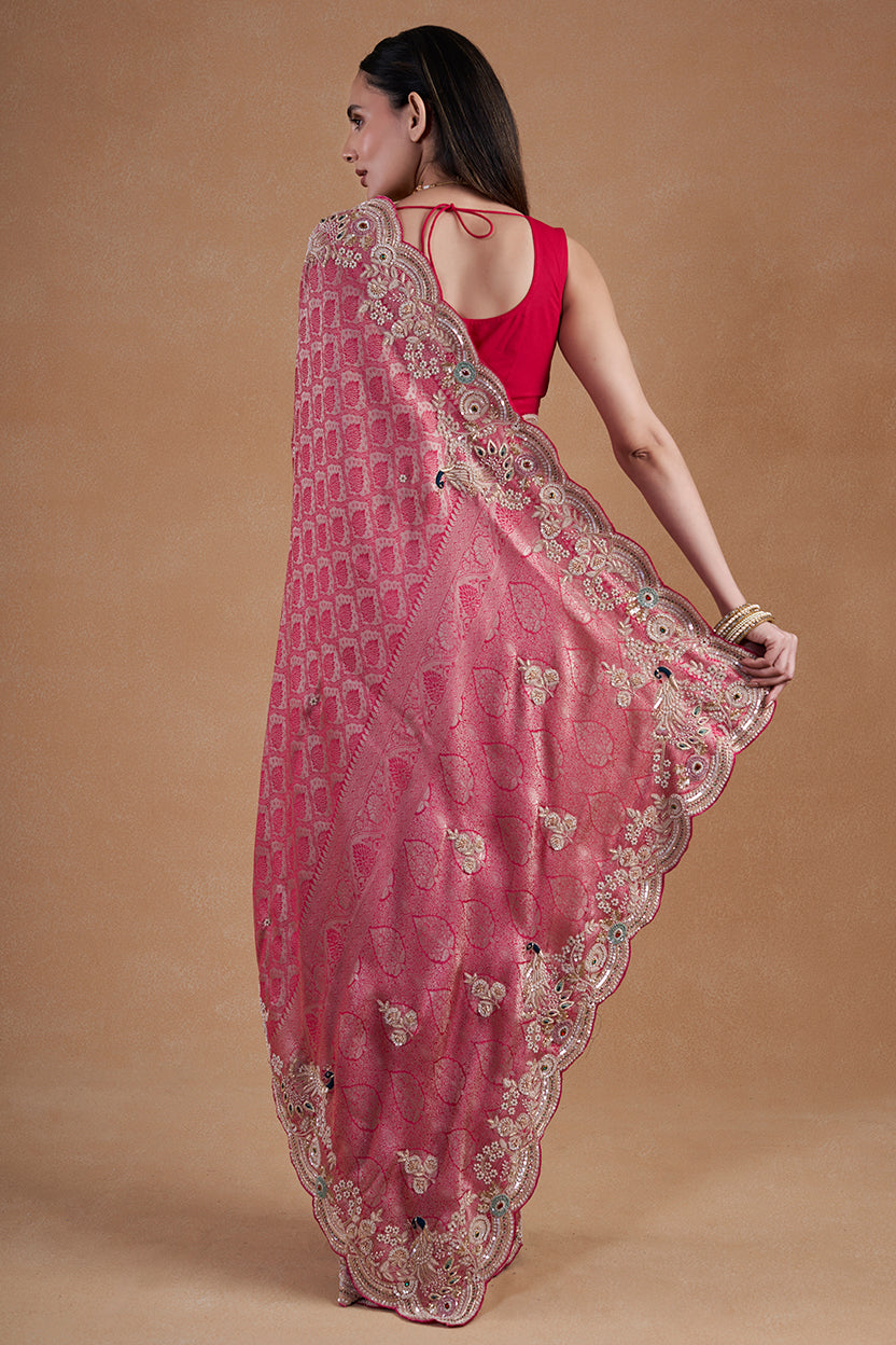 Rani Weaving Silk Saree With Hand Zardosi Work