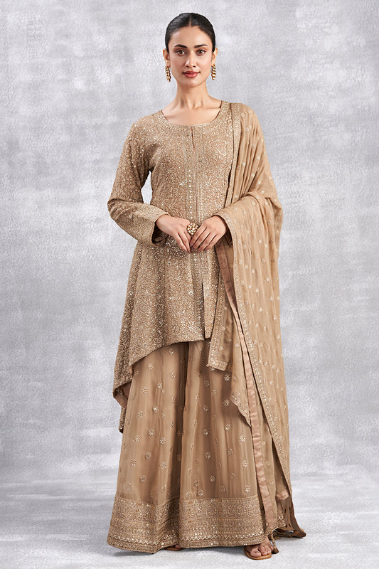 Beige Zari Sharara Set With Swarovski Highlights