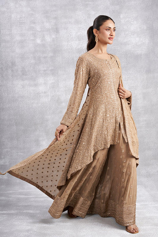 Beige Zari Sharara Set With Swarovski Highlights