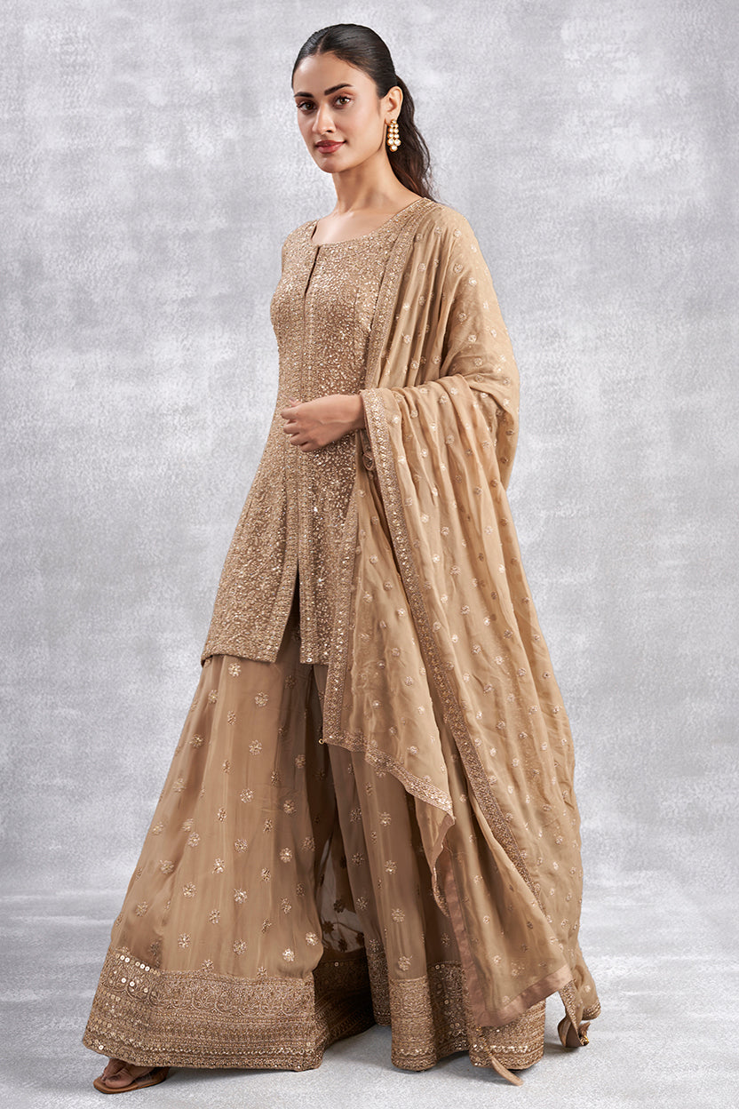 Beige Zari Sharara Set With Swarovski Highlights