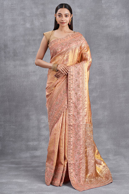 Antique Rose Gold Kanjeevaram Saree With Hand Zardosi Work