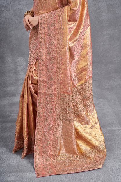 Antique Rose Gold Kanjeevaram Saree With Hand Zardosi Work
