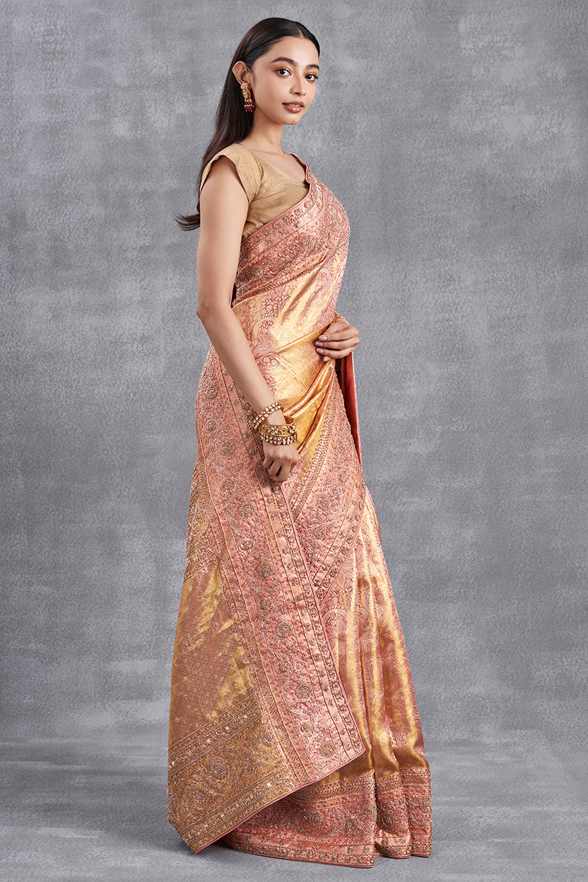 Antique Rose Gold Kanjeevaram Saree With Hand Zardosi Work