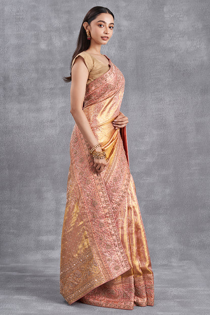 Antique Rose Gold Kanjeevaram Saree With Hand Zardosi Work