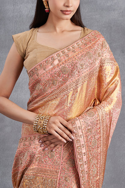 Antique Rose Gold Kanjeevaram Saree With Hand Zardosi Work