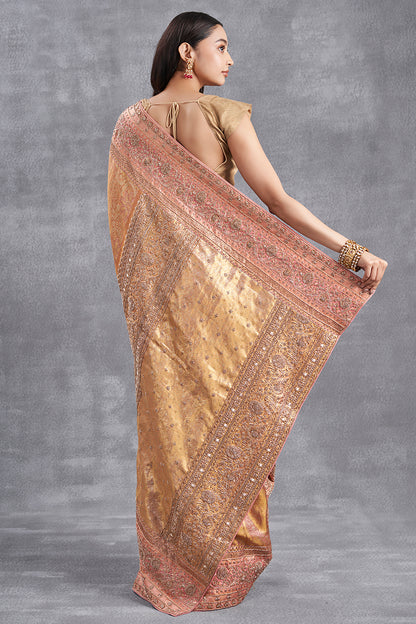 Antique Rose Gold Kanjeevaram Saree With Hand Zardosi Work