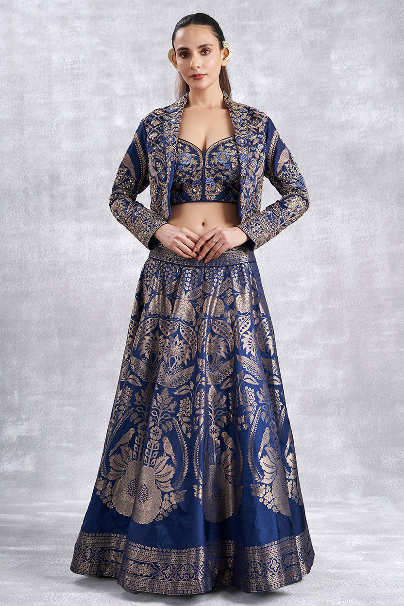 Navy Blue Banarasi Crop Top Skirt Set With Jacket