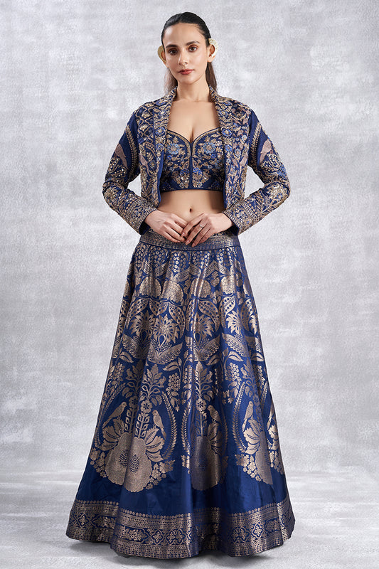 Navy Blue Banarasi Crop Top Skirt Set With Jacket