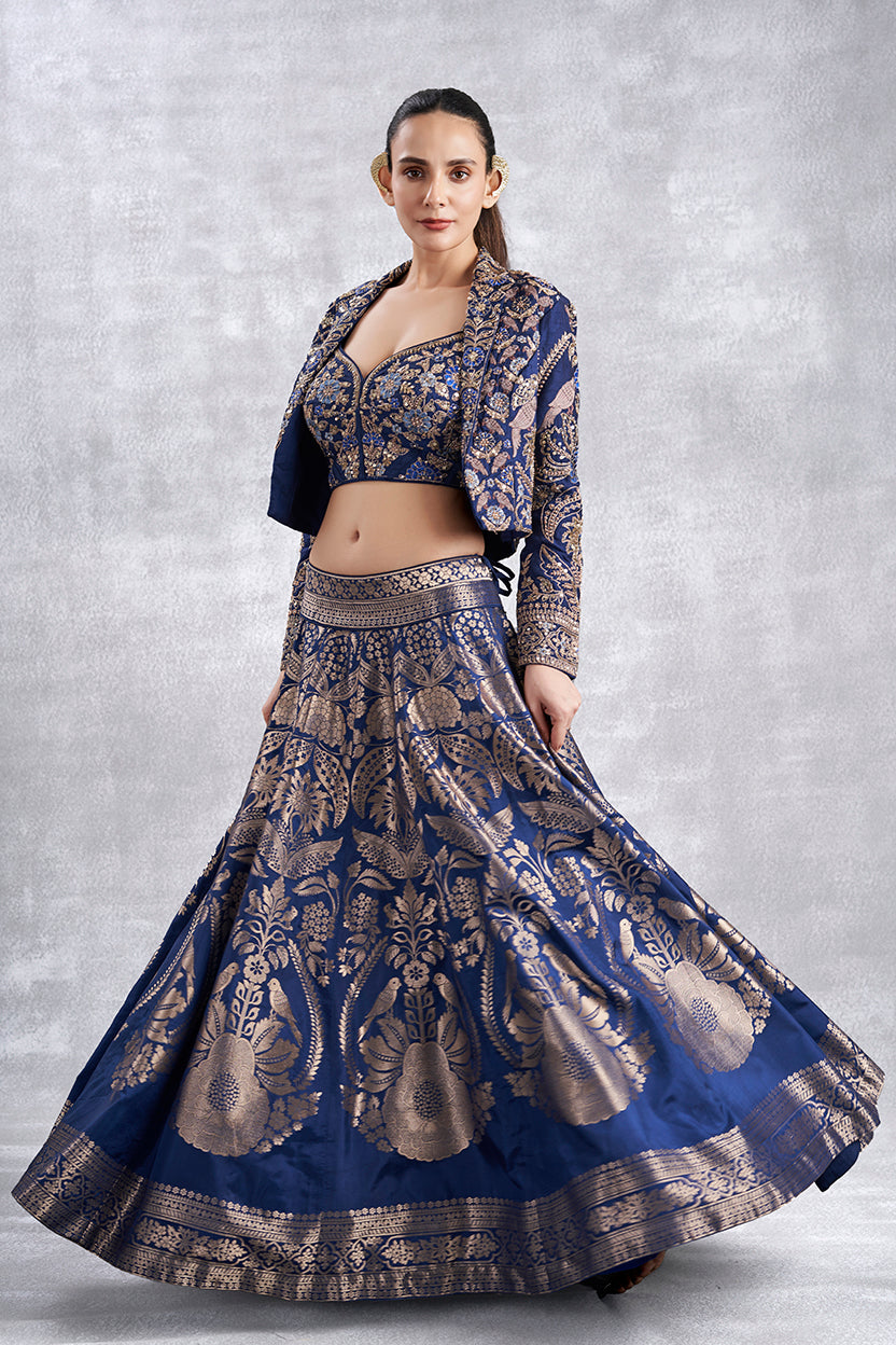 Navy Blue Banarasi Crop Top Skirt Set With Jacket