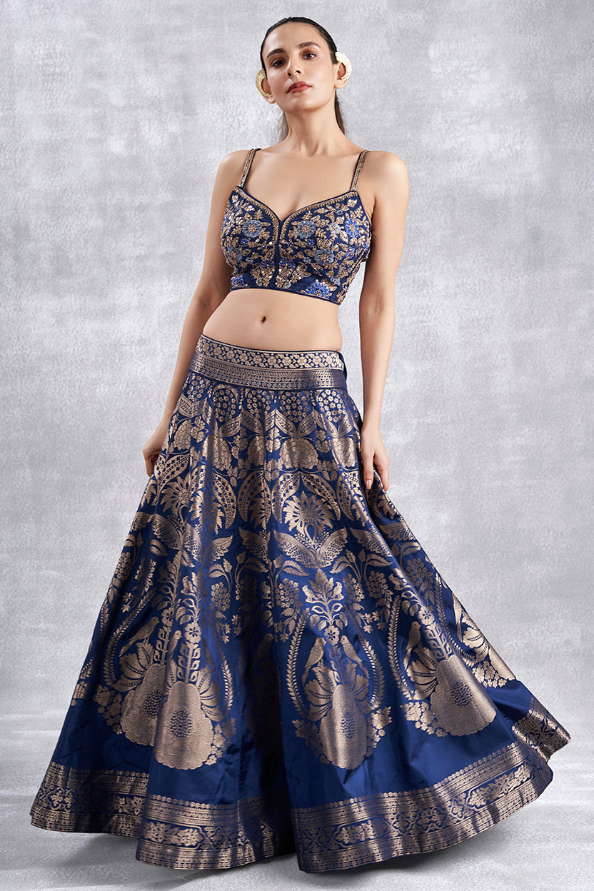 Navy Blue Banarasi Crop Top Skirt Set With Jacket
