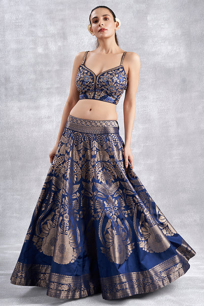 Navy Blue Banarasi Crop Top Skirt Set With Jacket